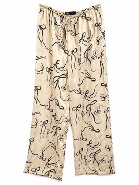 Zara Satin Bow Print Wide Leg Drawstring Pants Cream Black Size M